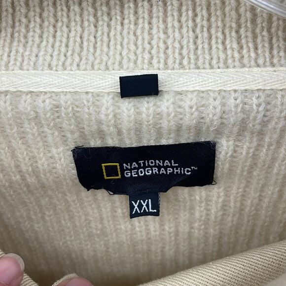 National Geographic 100% wool pullover knit 1/4 button up Cream Sweater sz XXL - Picture 5 of 6